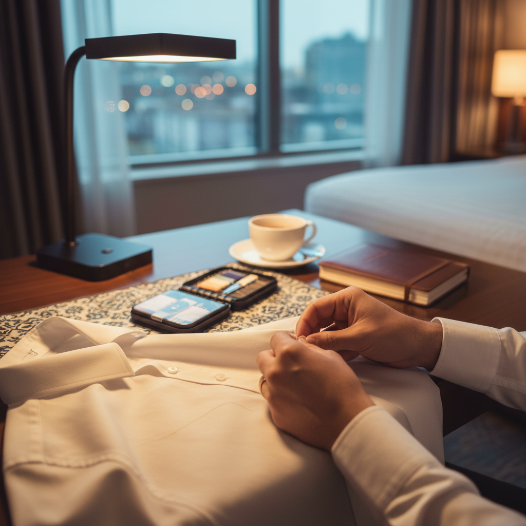 Traveler sewing a loose button on a dress shirt in a hotel room
