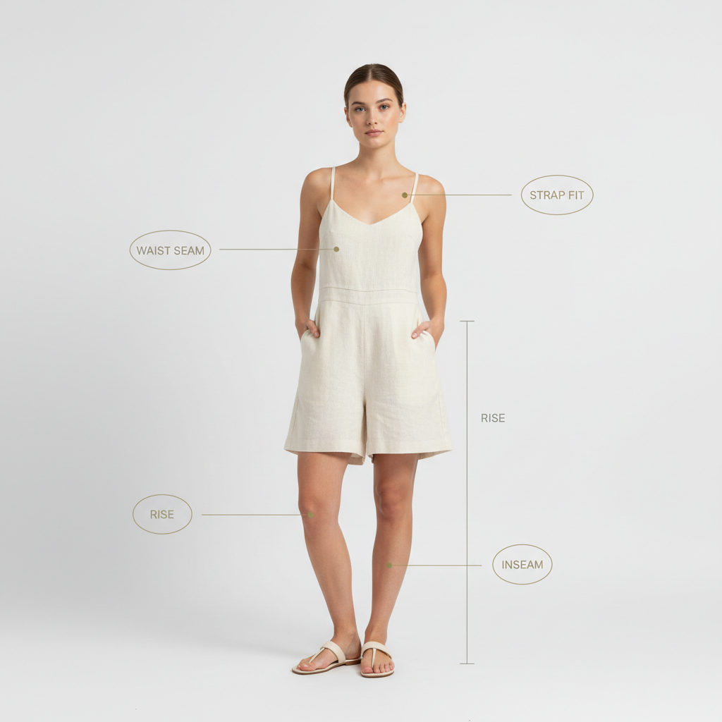 Fit checklist showing waist seam and inseam on a petite jumpsuit