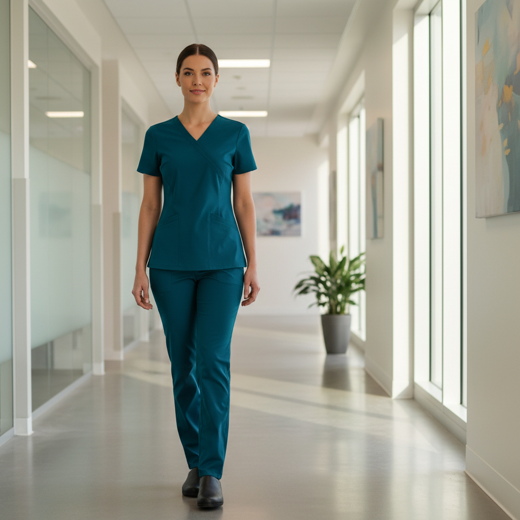 Stylish nurse wearing modern fitted scrubs in a clinical hallway