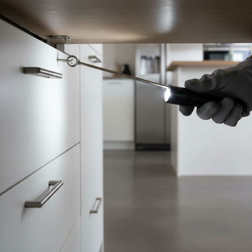 Using a small magnetic pickup tool with a flashlight to find a screw under a cabinet