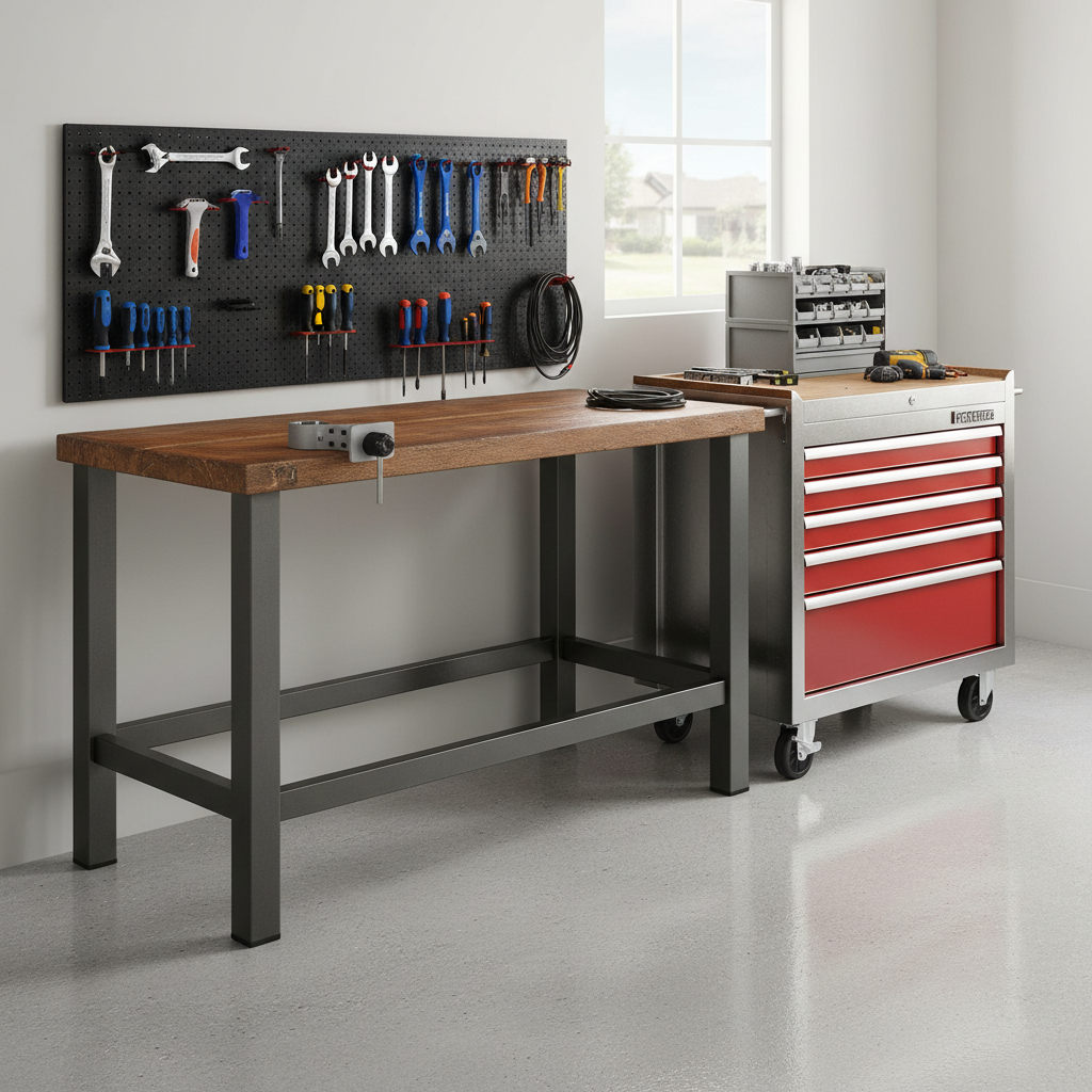 Rolling tool chest positioned beside a workbench with clear garage walkway