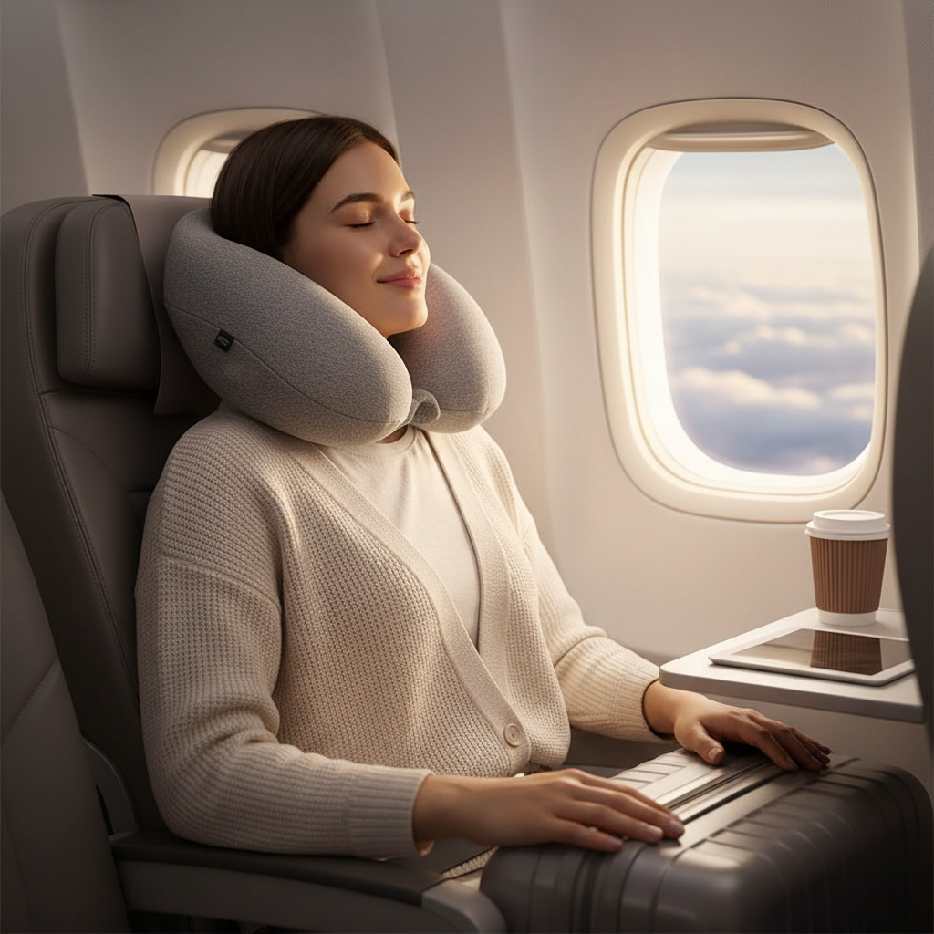 Traveler using a neck pillow on an airplane seat for better neck support