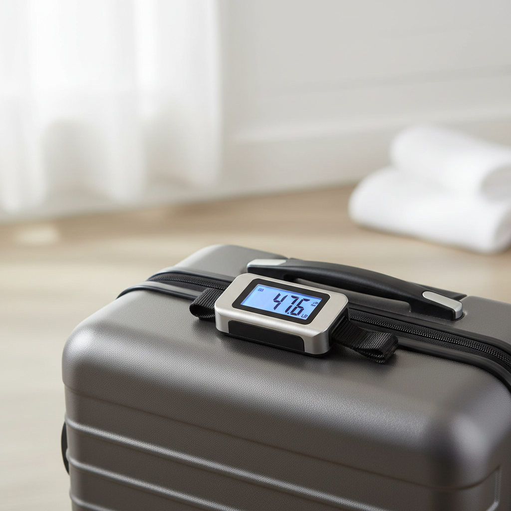 Luggage scale reading on a suitcase handle showing weight under 50 pounds