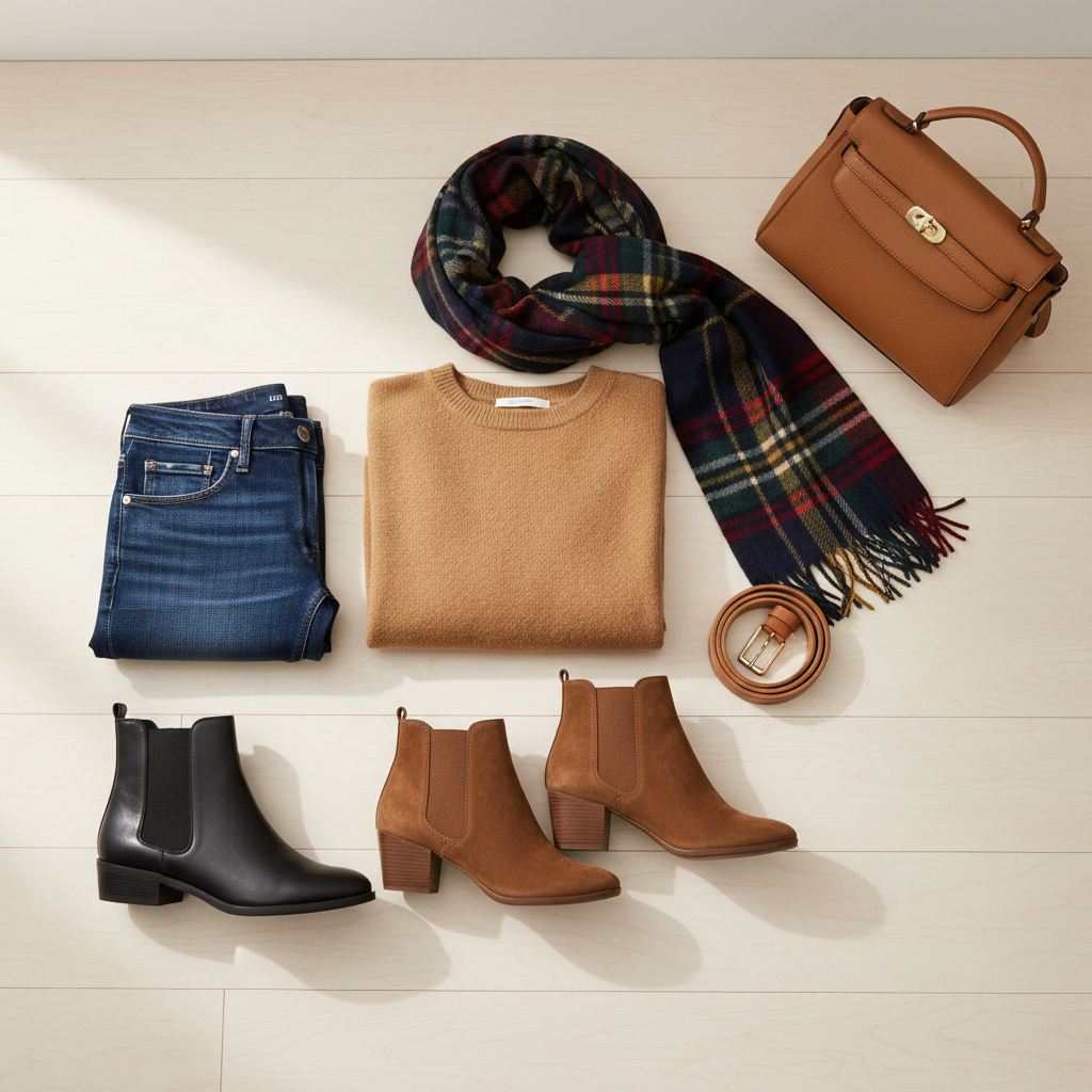 Flat lay of ankle boots with fall wardrobe staples and accessories