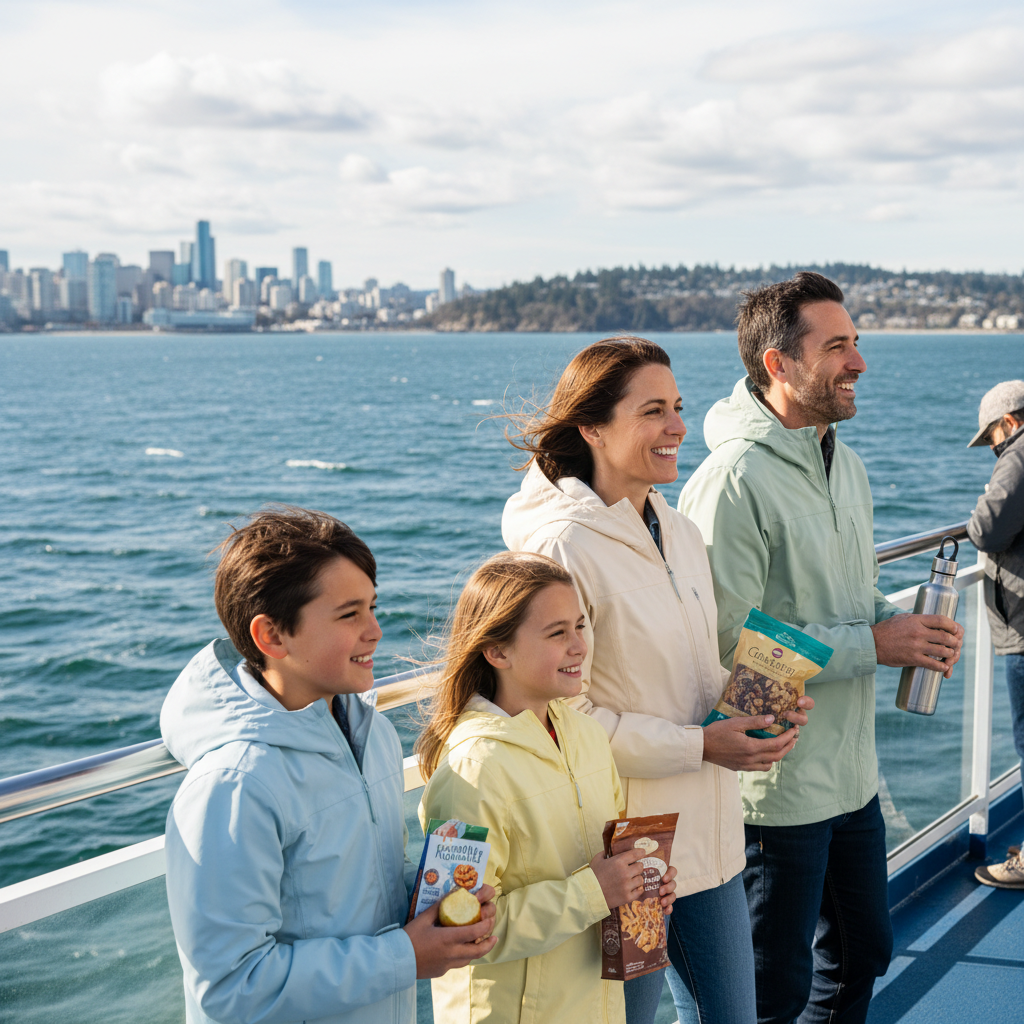 Family on ferry deck wearing windbreakers, holding snacks and looking at the water