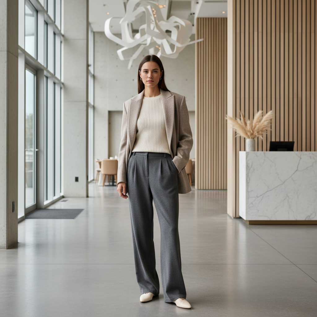 Smart casual brunch outfit with blazer and wide-leg trousers