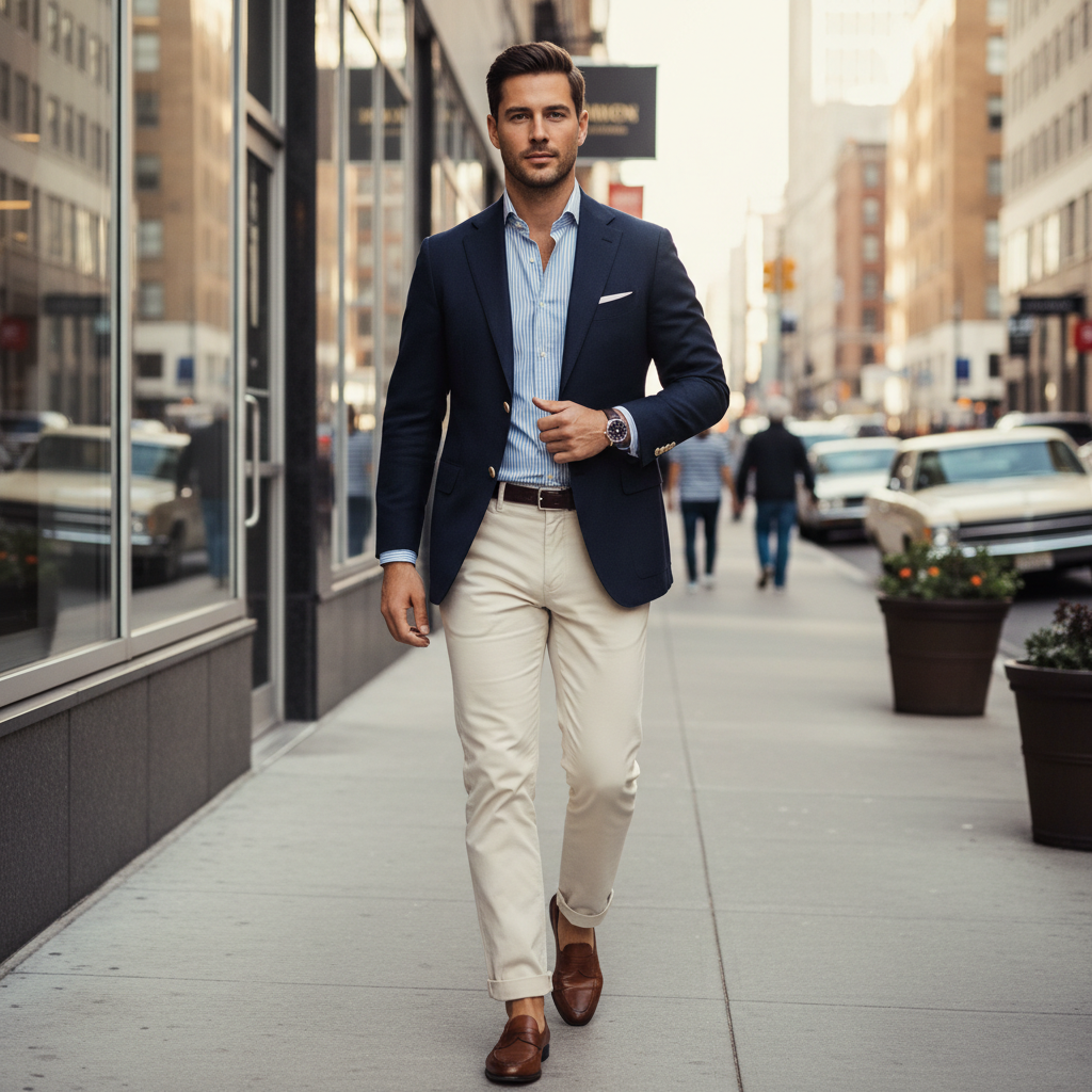 Classic preppy outfit with blazer, striped shirt, and loafers