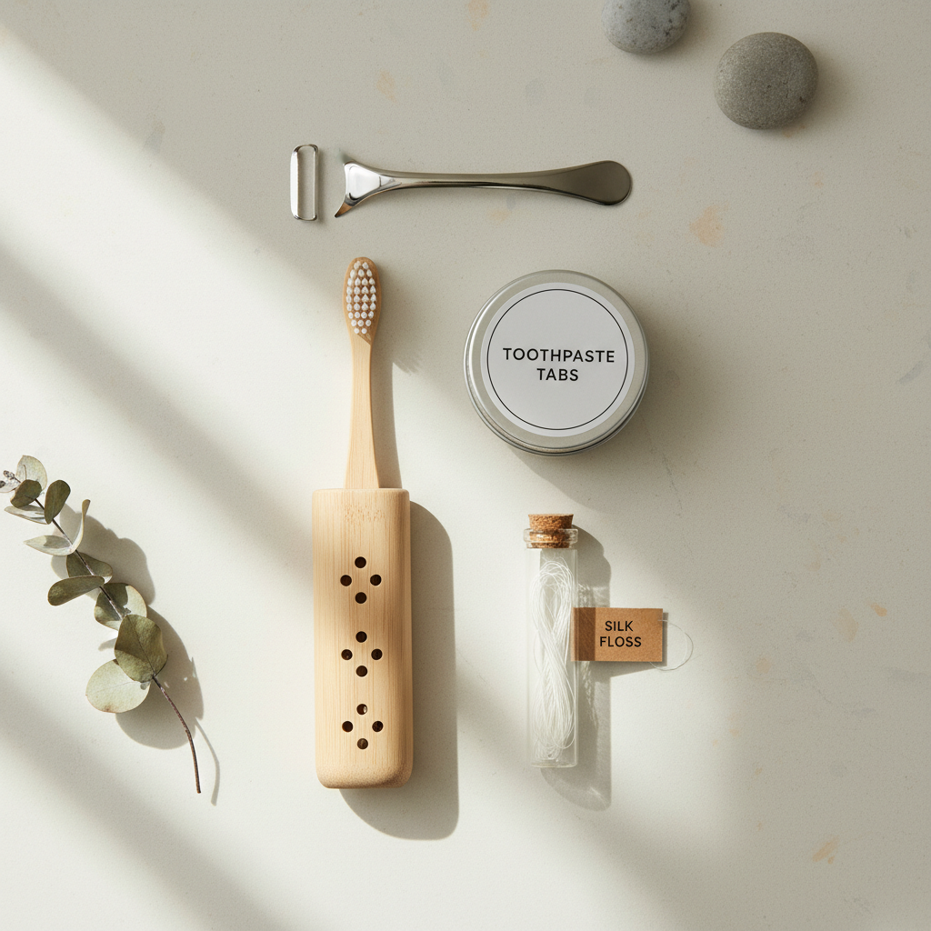 Eco travel toothbrush kit arranged on a bathroom counter