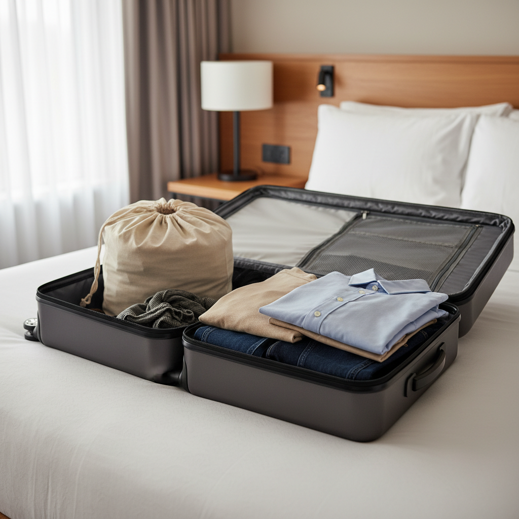 Open suitcase with clean clothes separated from dirty laundry bag for travel