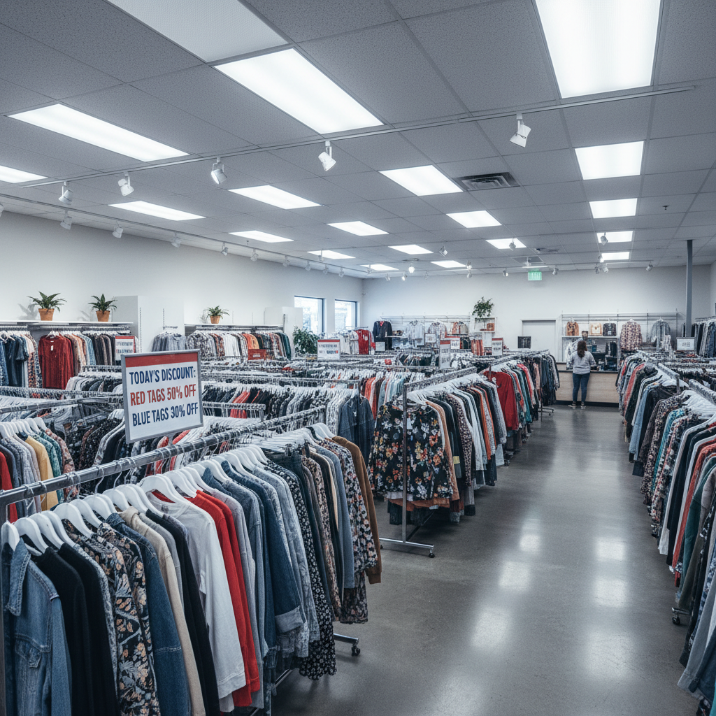 Thrift store color tag discount signage and organized racks