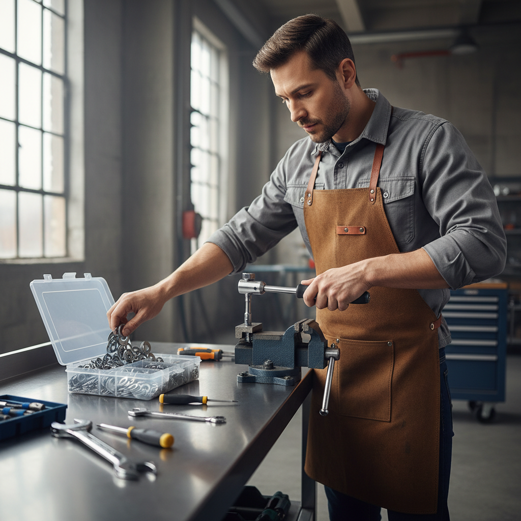 Workbench scene showing a mechanic selecting washers and tightening a bolt with a torque wrench