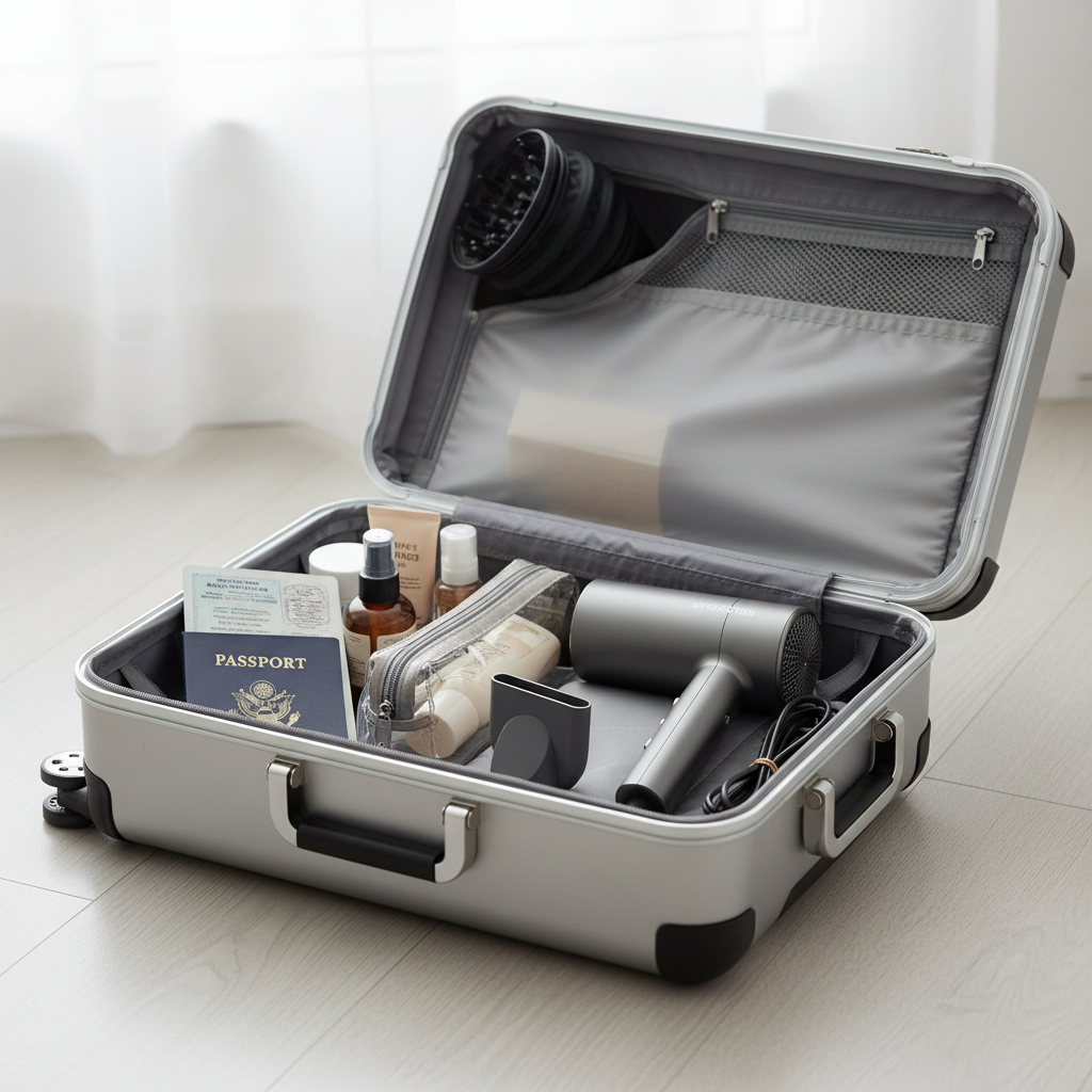 Compact travel hair dryer in carry-on suitcase with styling attachments