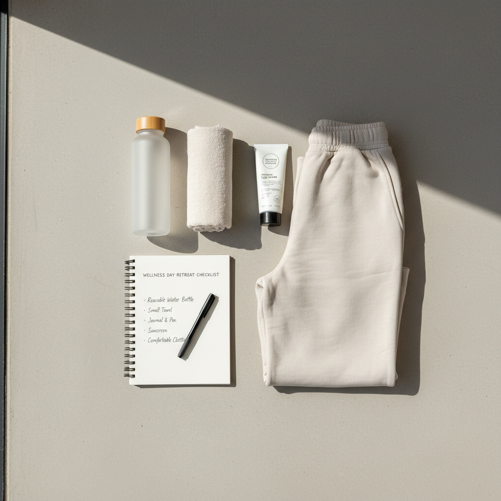 Wellness day retreat travel checklist with water bottle, towel, and journal