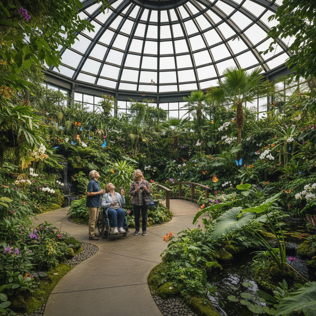 Visitors walking through a butterfly garden conservatory with tropical plants