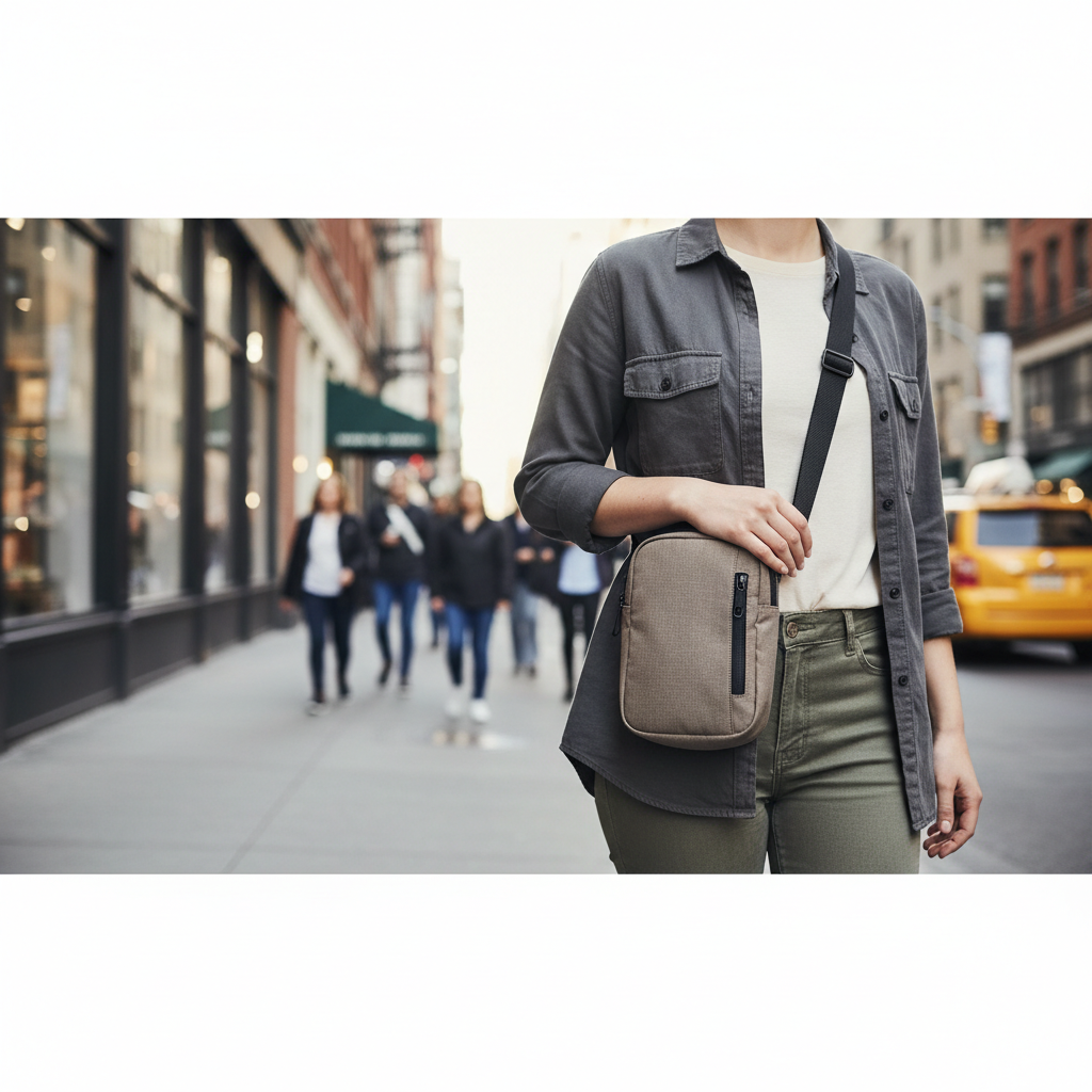 Traveler using an anti theft travel purse in a busy city street