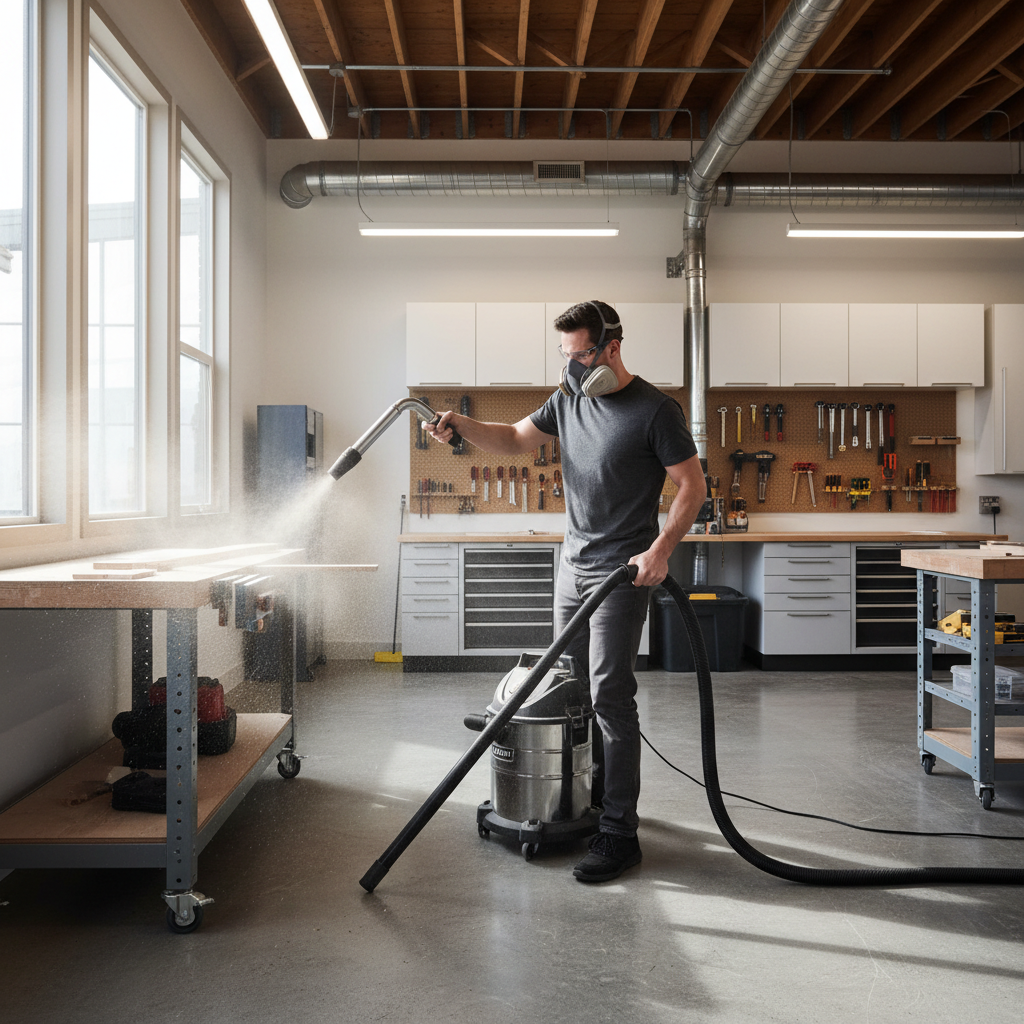 Safe dusting setup with long air nozzle extension and vacuum capture