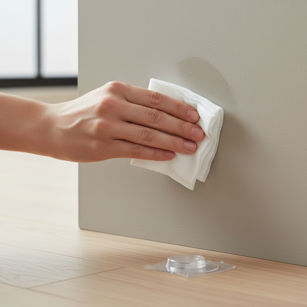 Hand cleaning a wall surface before applying a clear adhesive cable clip