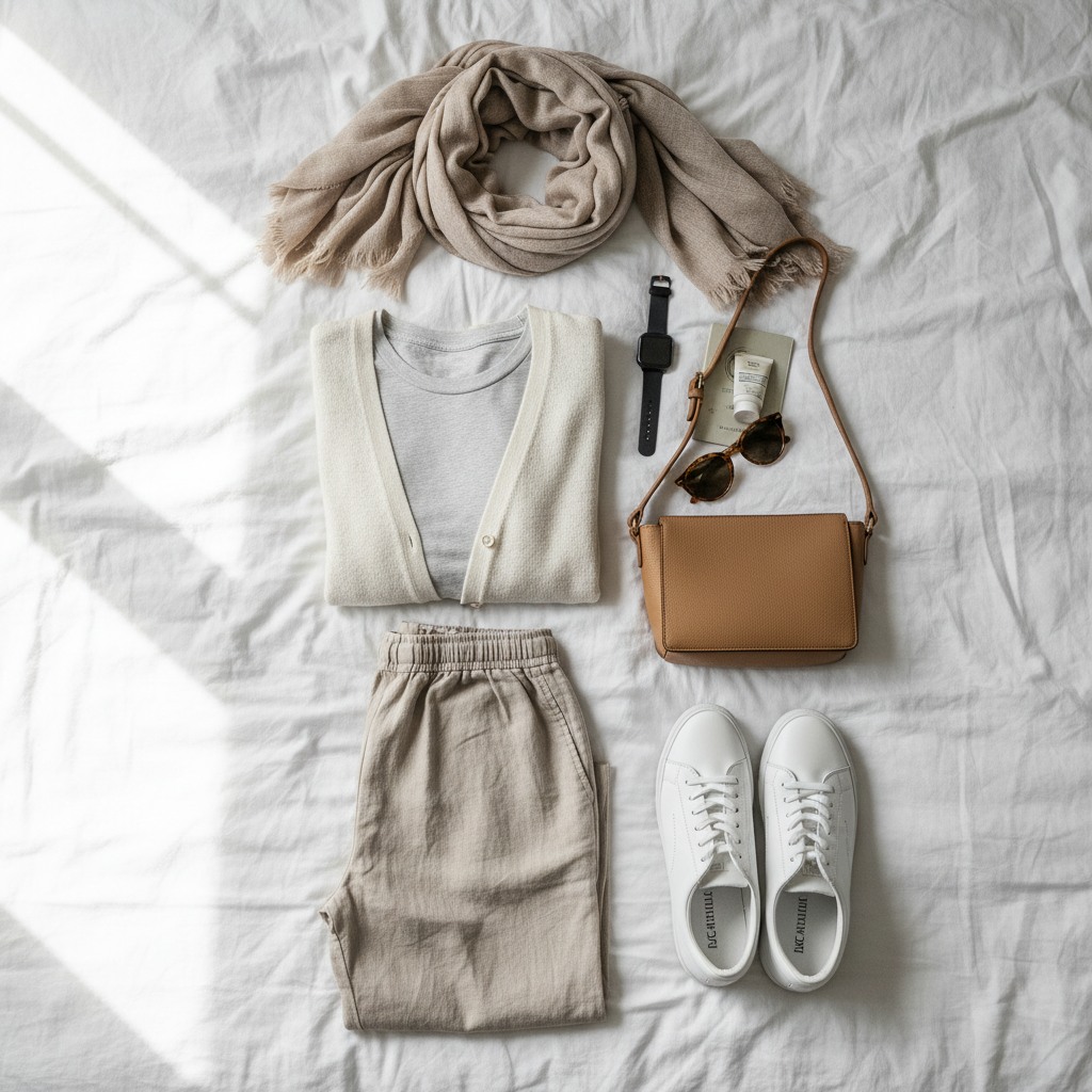 Layering pieces for a comfy travel outfit: cardigan, scarf, and sneakers
