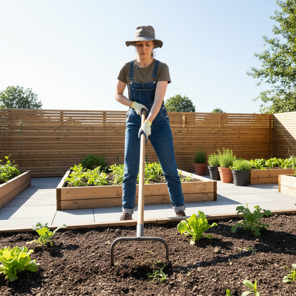 Gardener using a stirrup hoe with upright posture and shallow strokes