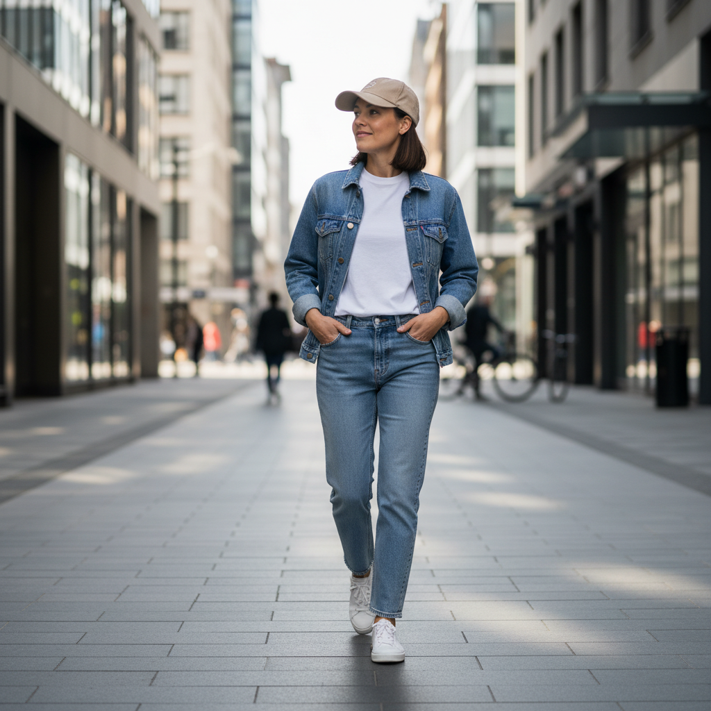 Casual baseball cap outfit with denim jacket, white tee, and jeans