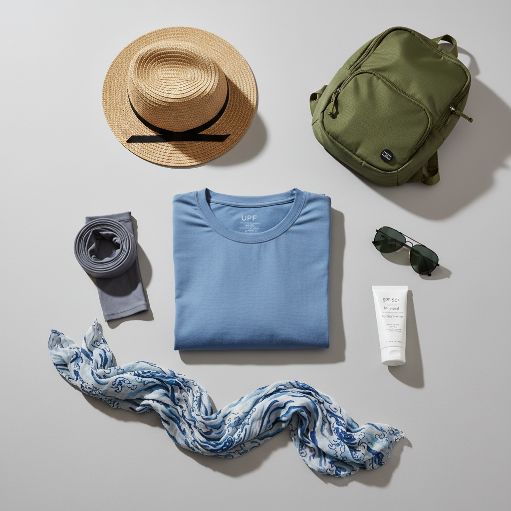 Flat lay of sun protection travel essentials including UPF clothing, sunscreen, sunglasses, and hat