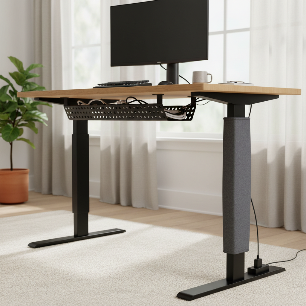 Neoprene cable sleeve installed with a cable tray under a standing desk