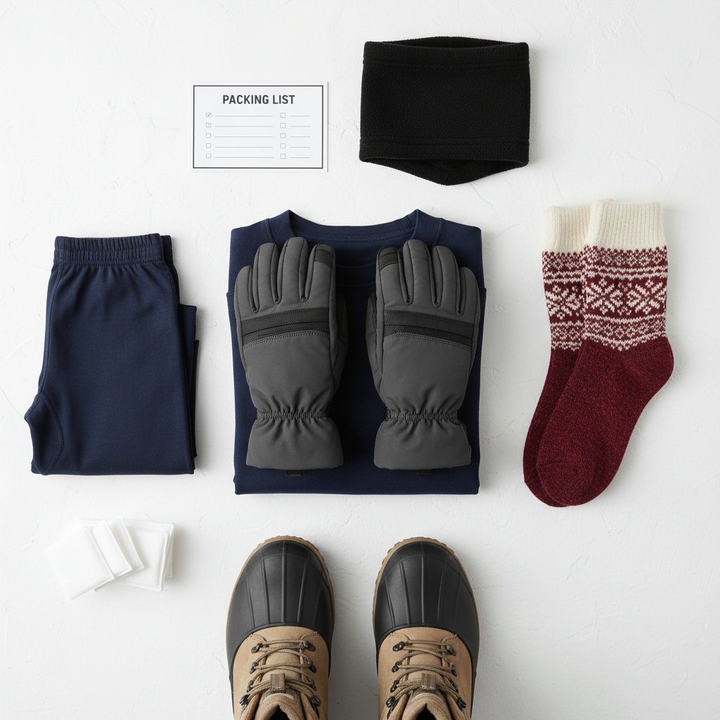 Winter packing flat lay with gloves, base layers, and hand warmers for sleigh ride