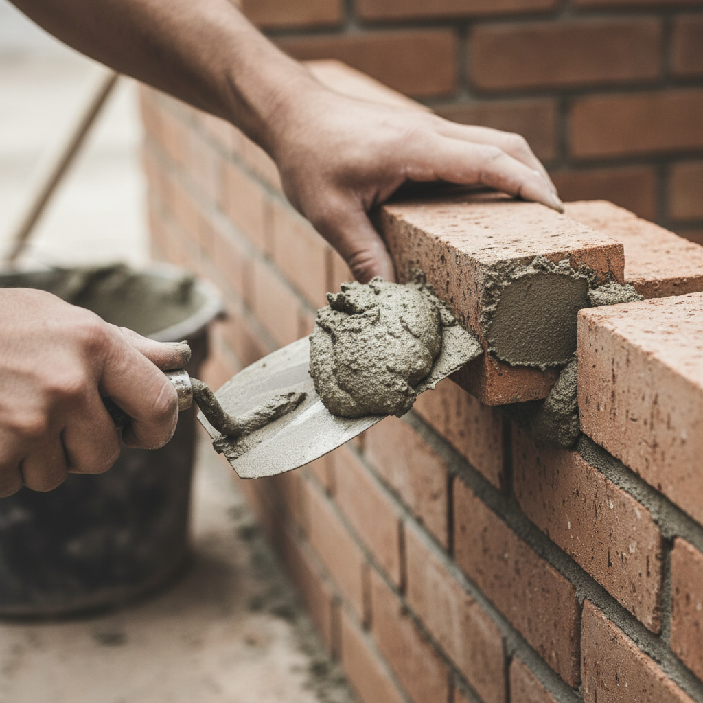 Mason buttering brick end and filling head joint with pointed trowel
