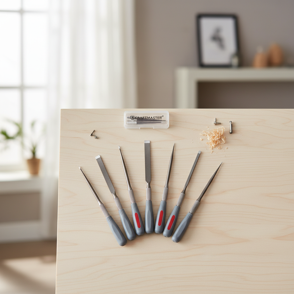 Small craft needle file set laid out with different shapes for detail work