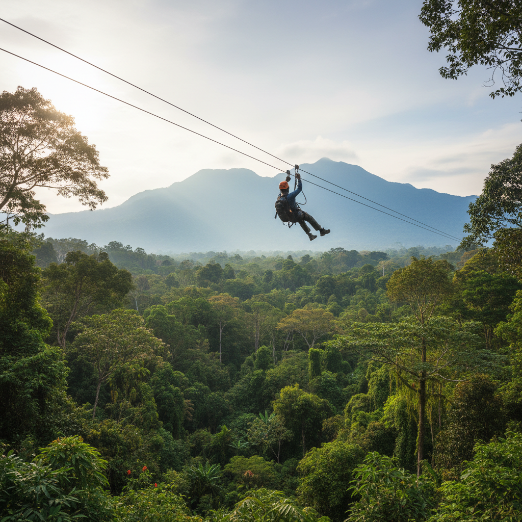 Zip line rider gliding above rainforest canopy with scenic treetop views