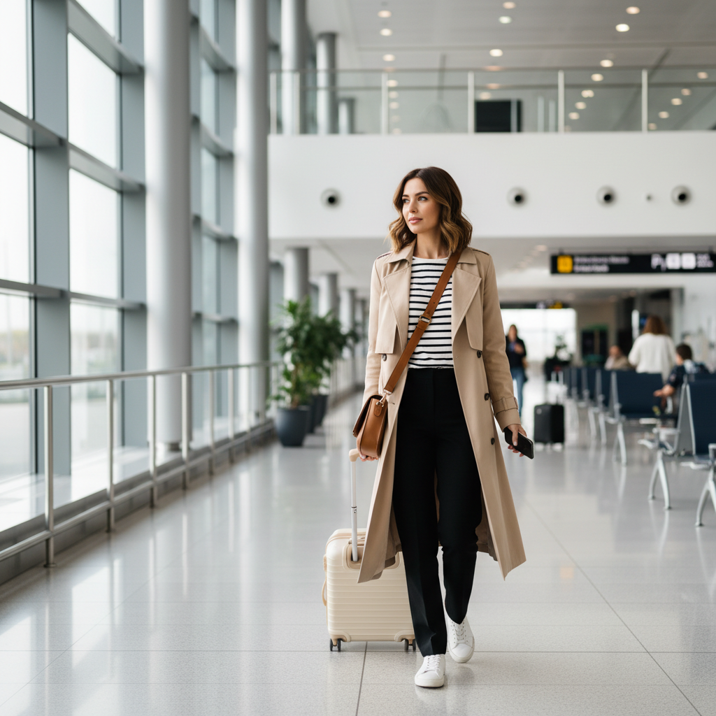 Casual chic outfit formula for travel with trench and clean sneakers
