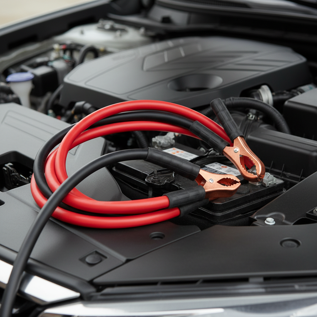 Heavy duty 4 gauge jumper cables with solid clamps on a car battery