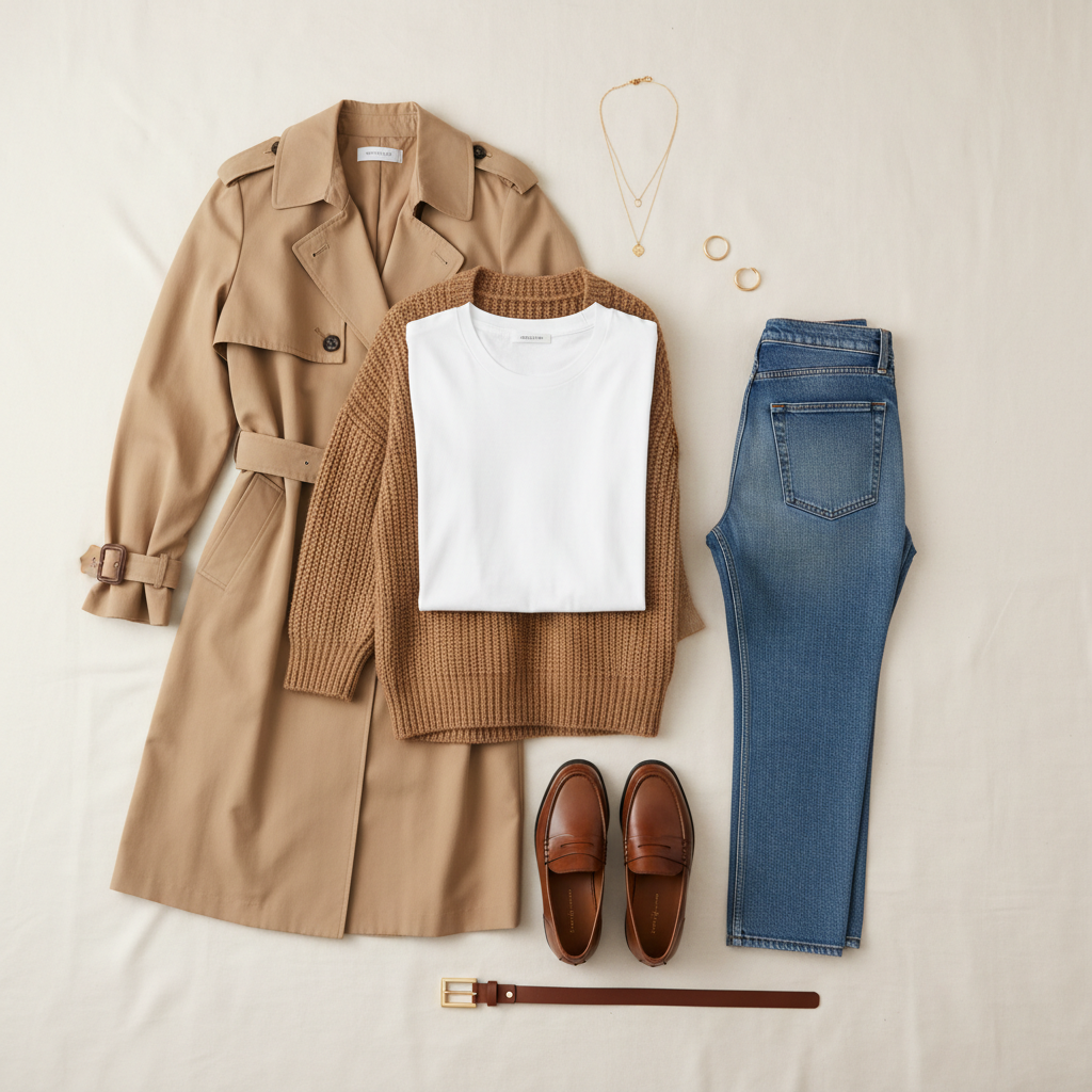 Transitional season outfit formula with tee, cardigan, trench, jeans and loafers