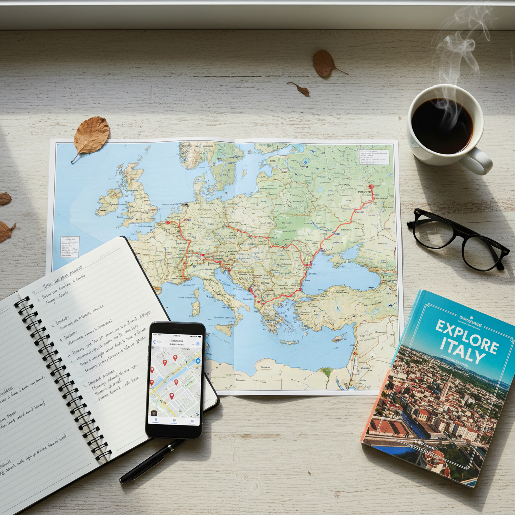 Map planning for a heritage food trail with notebook and local guidebook