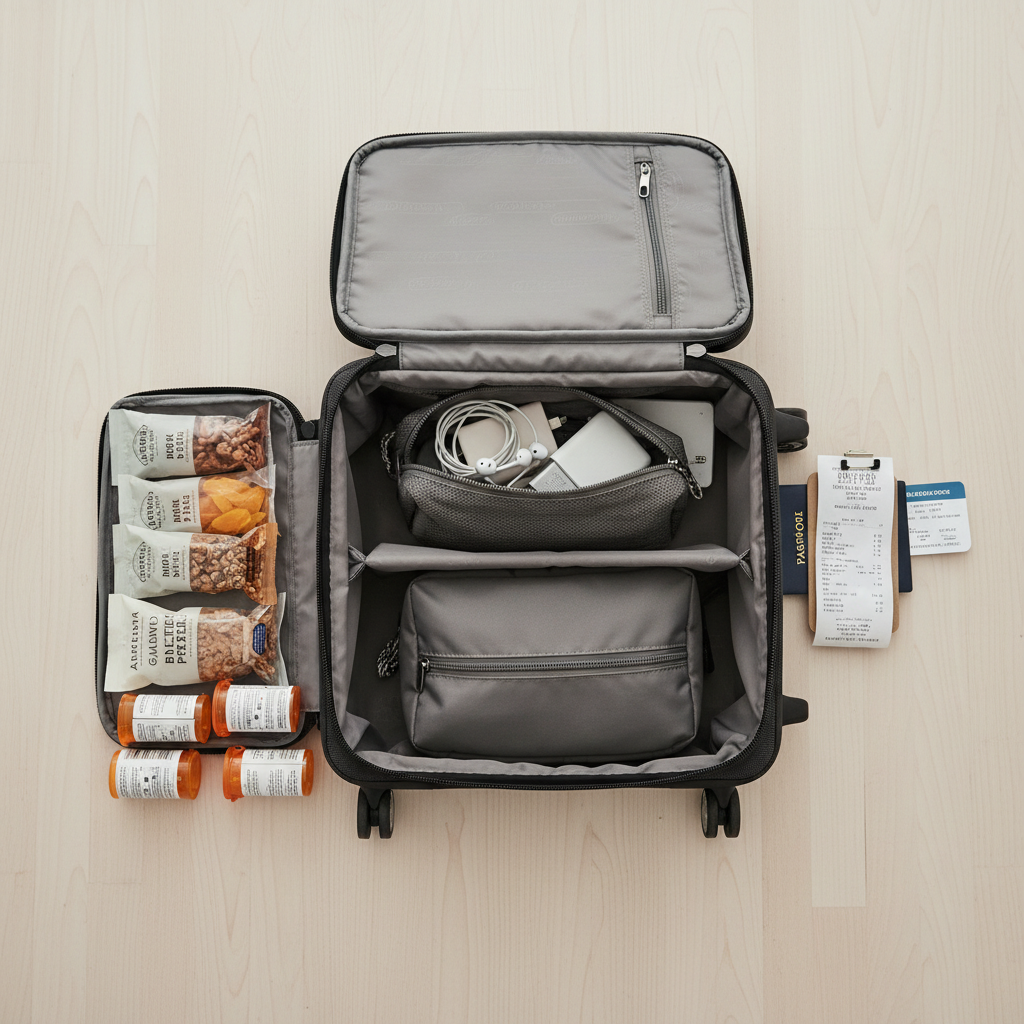 Carry-on bag inspection with travel items like snacks, medicine, and electronics