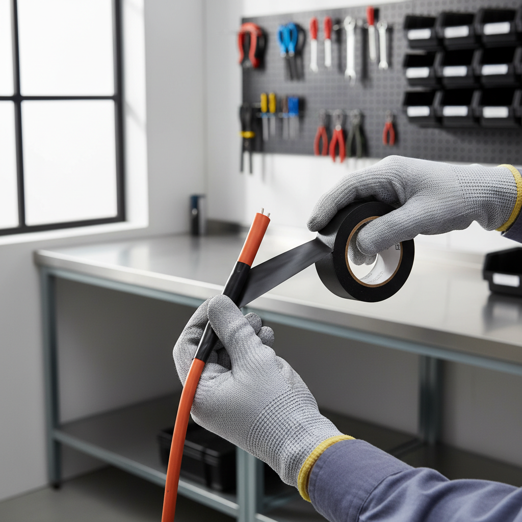 Hands applying electrical tape with proper overlap on an insulated wire splice