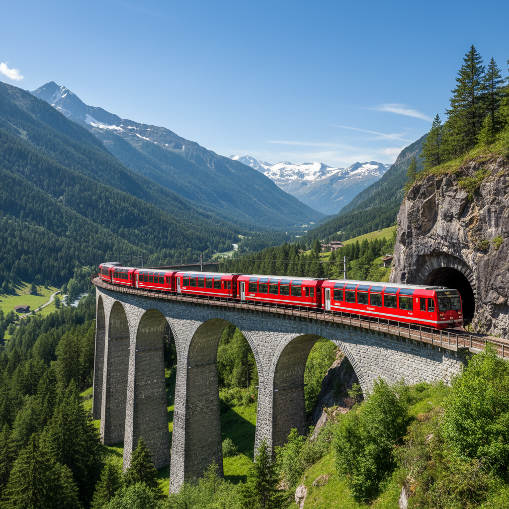 Red train on the Landwasser Viaduct in Switzerland