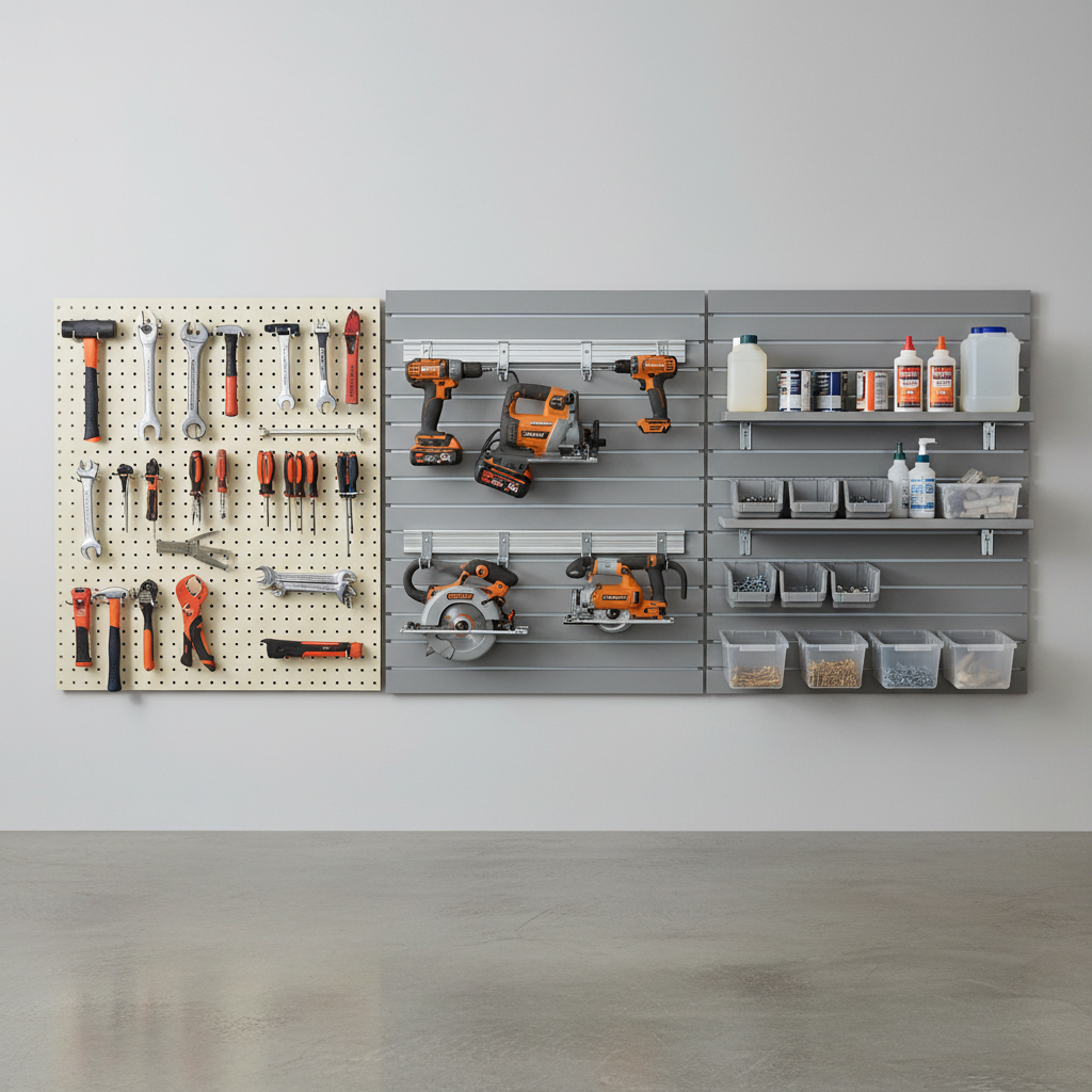 Comparison of pegboard, rail, and slatwall tool holder wall mounted systems on a workshop wall