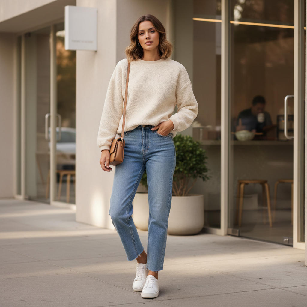 Casual outfit styling with women fleece pullover, jeans, and sneakers in a modern setting
