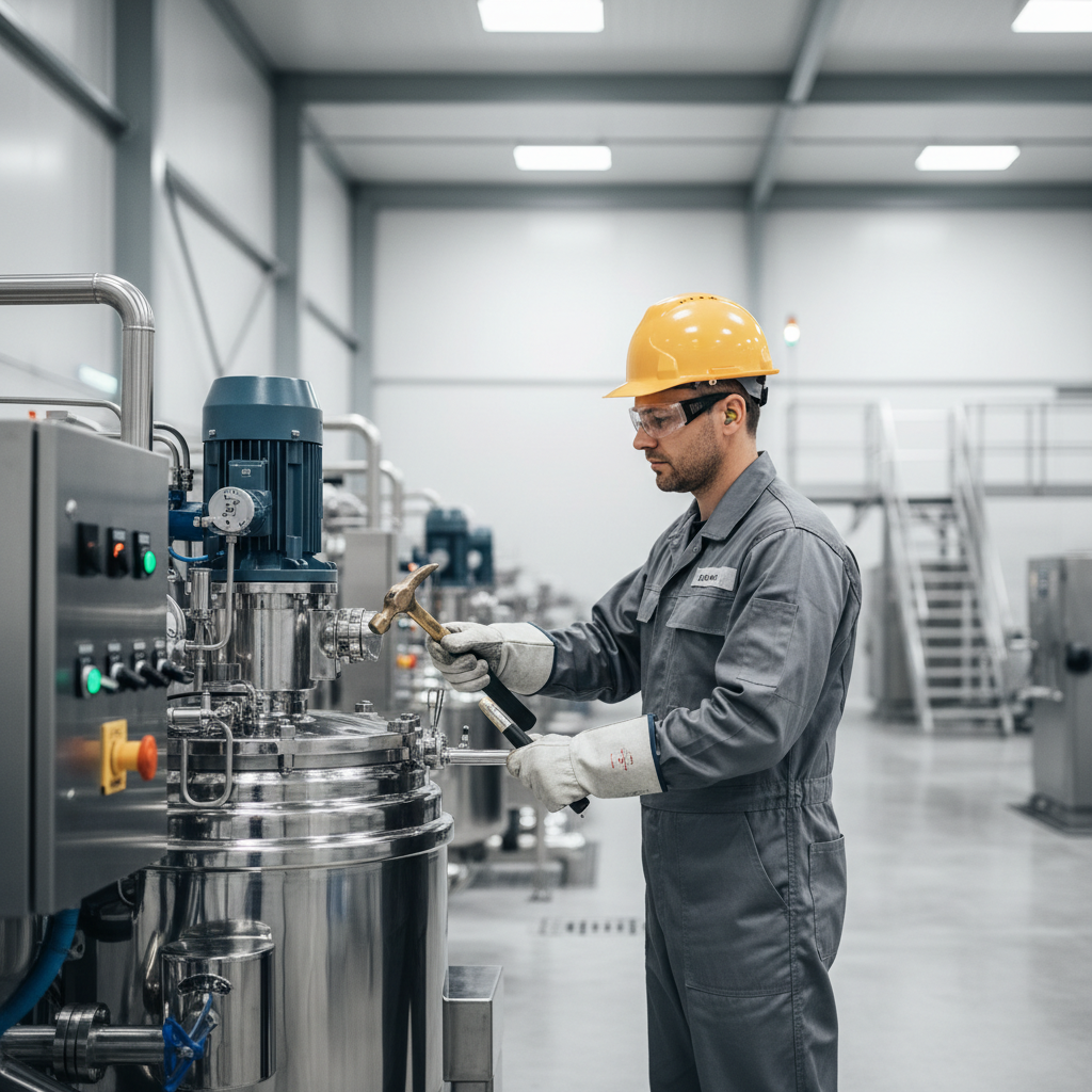 Technician using a brass non-sparking hammer in an industrial maintenance setting