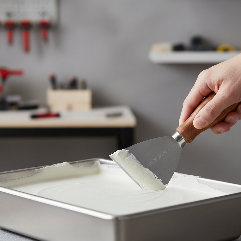 Drywall compound being scraped clean from a mud pan rim with a taping knife