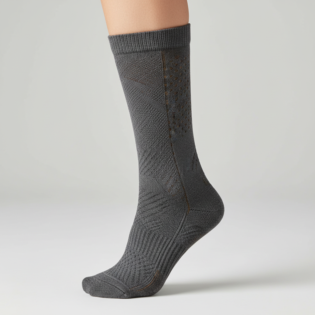 Close-up of graduated compression sock fabric and pressure zones on calf