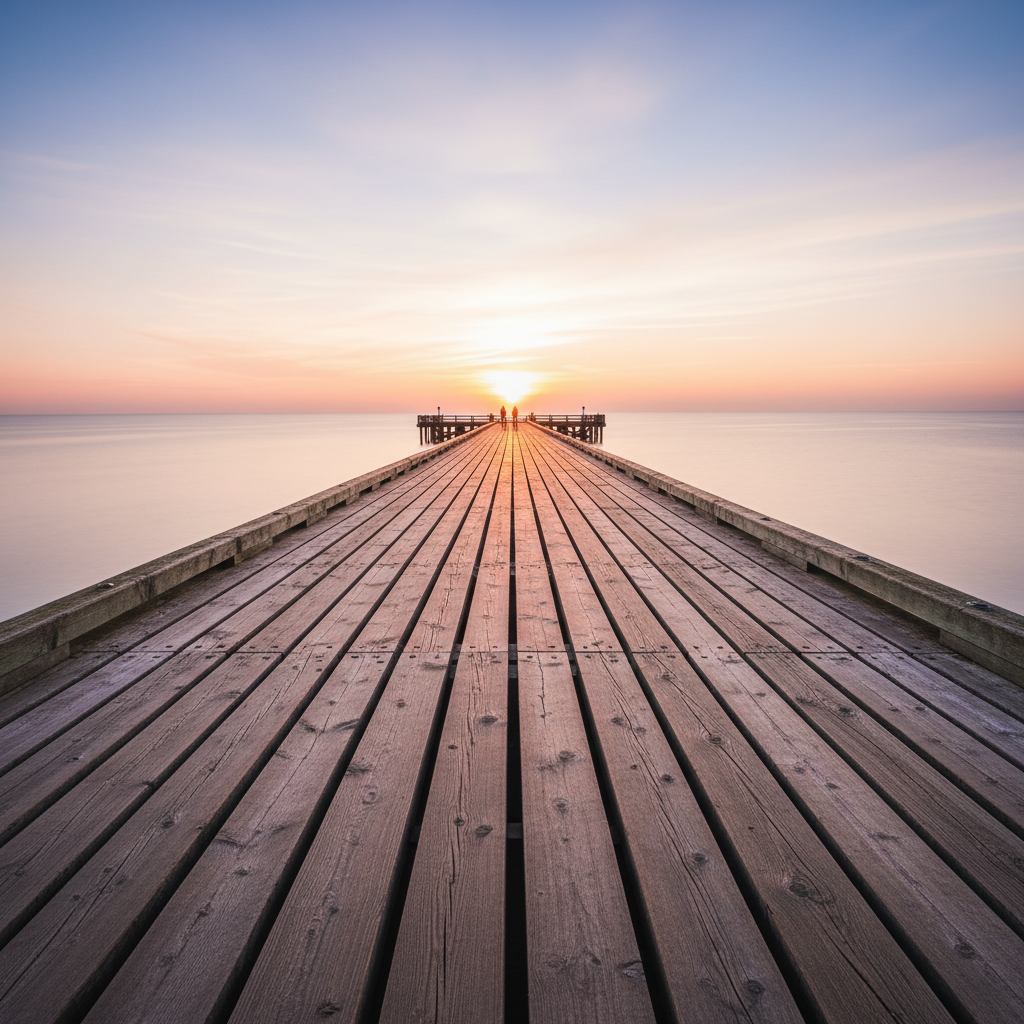 Coastal pier at sunrise with leading lines and calm water reflections