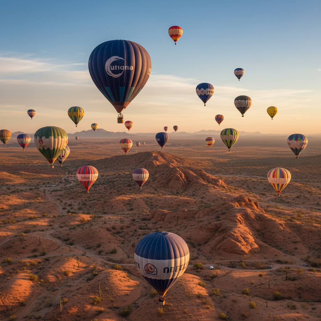 Sunrise hot air balloon ride over desert landscape with multiple balloons