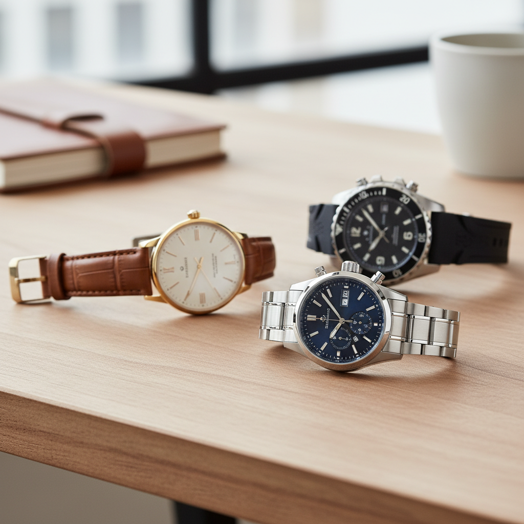 Modern classic men’s watches on a desk with leather and steel straps