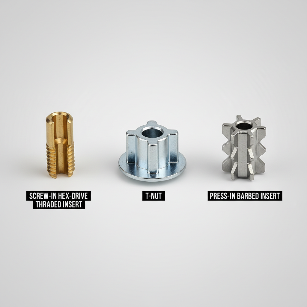 Comparison of wood insert types: screw-in insert, T-nut, press-in insert