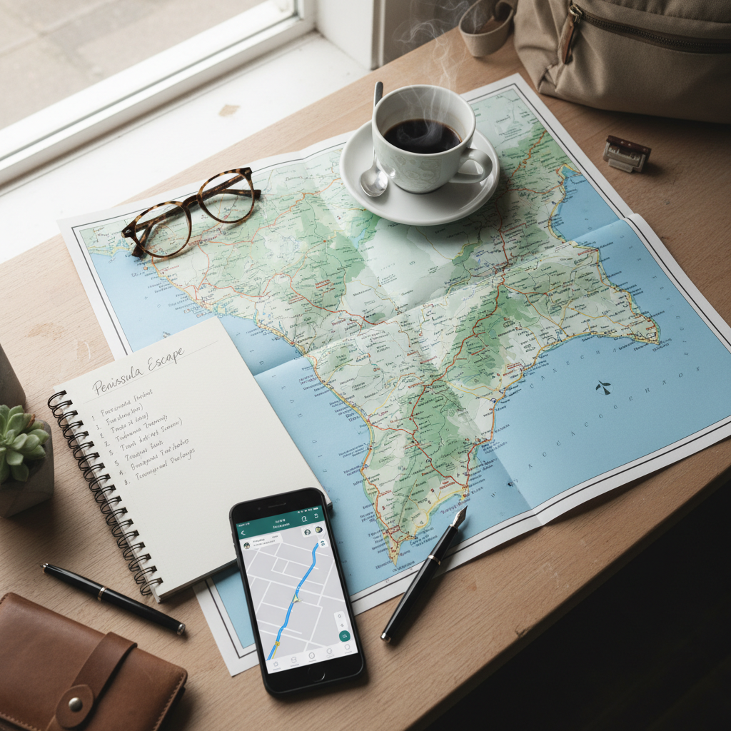 Traveler planning a peninsula road trip itinerary with map, notebook, and phone