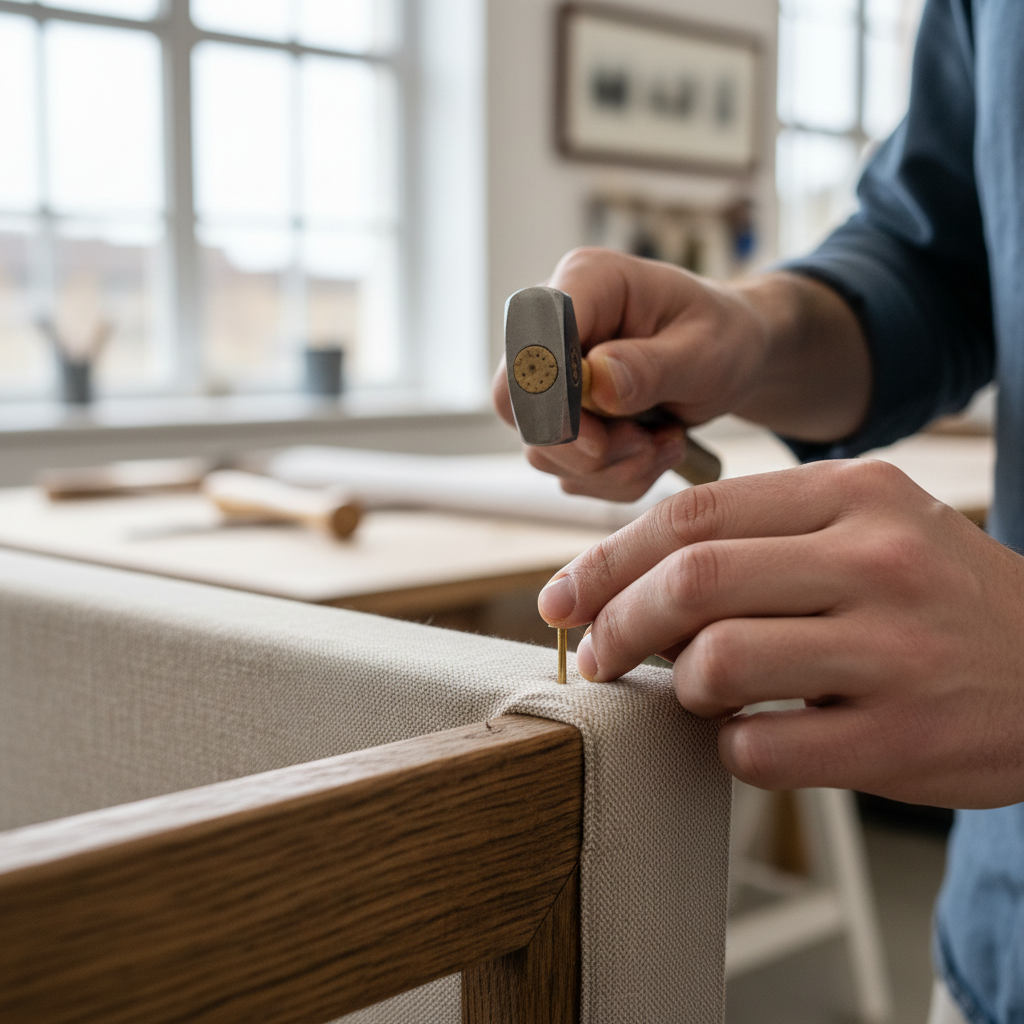 Upholstery tack being started with a small tack hammer using light taps