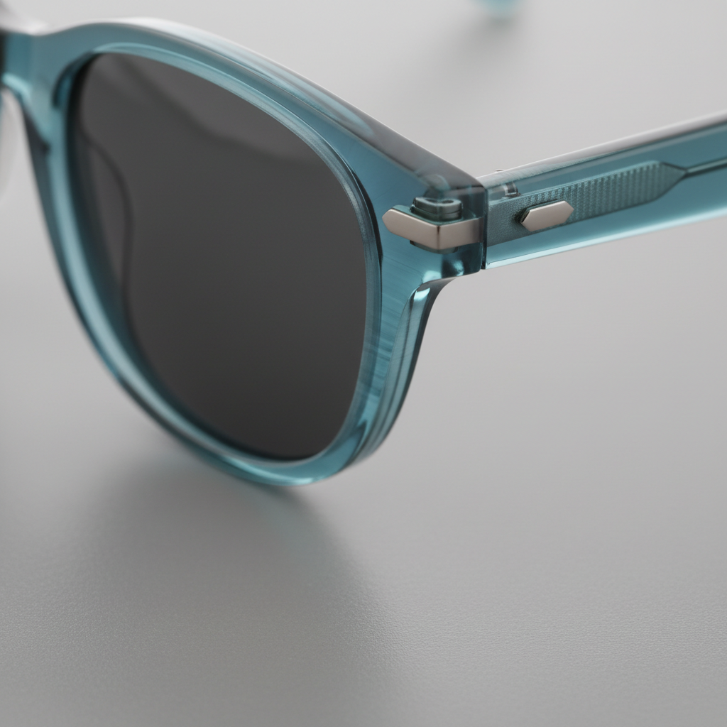 Close-up of quality sunglasses hinge and lens coating detail
