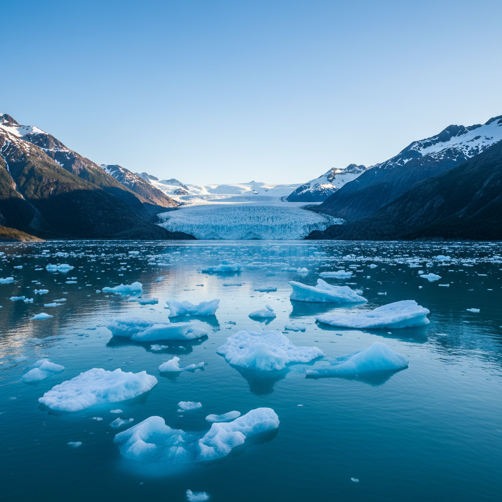 Alaska fjord with tidewater glacier and floating ice